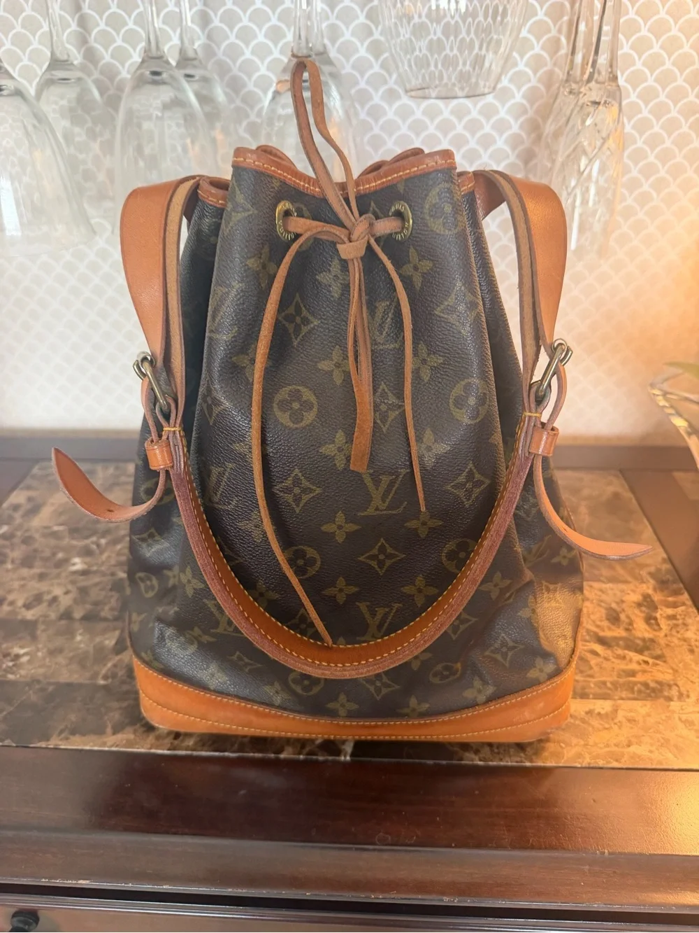 Louis Vuitton Monogram Drawstring Bucket Bag in Brown and Tan
